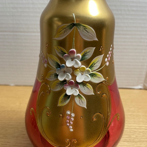 Bohemian Czech Ruby Red Gold Gilt Crystal Decanter & 4 Glasses Enamel Flowers - Picture 7 of 15